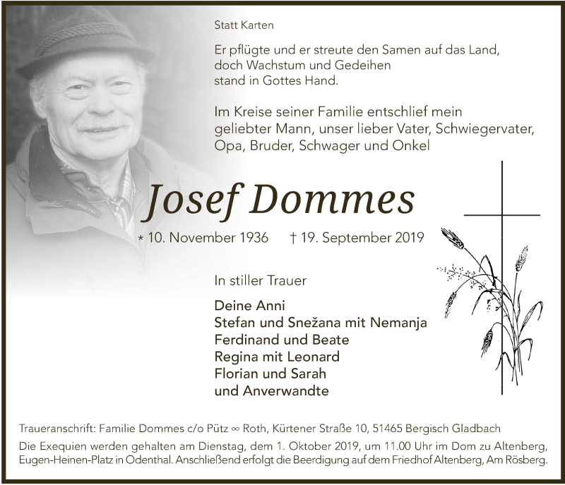  Traueranzeige für Josef Dommes vom 28.09.2019 aus  Bergisches Sonntagsblatt 