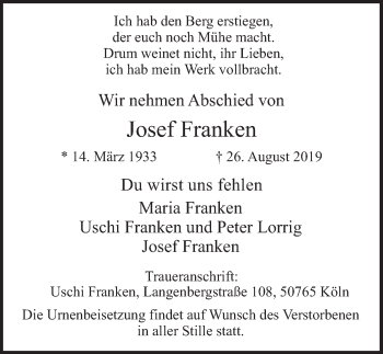Anzeige von Josef Franken von  Wochenende 