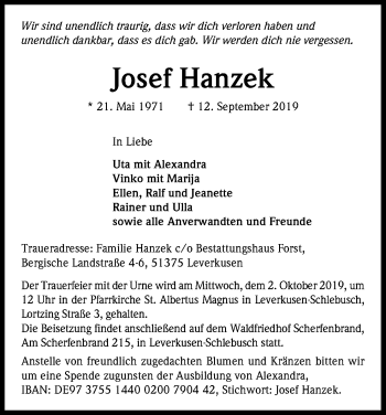 Anzeige von Josef Hanzek von Kölner Stadt-Anzeiger / Kölnische Rundschau / Express