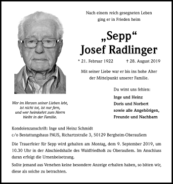 Anzeige von Josef Radlinger von Kölner Stadt-Anzeiger / Kölnische Rundschau / Express