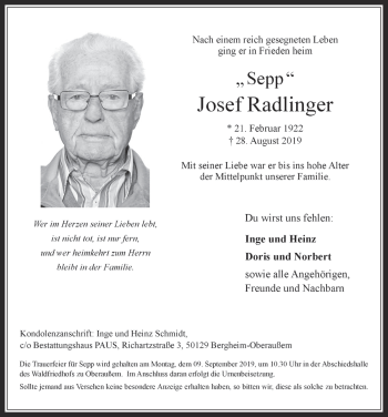 Anzeige von Josef Radlinger von  Werbepost 