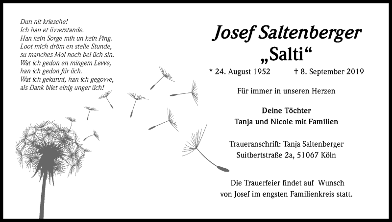  Traueranzeige für Josef Saltenberger vom 11.09.2019 aus Kölner Stadt-Anzeiger / Kölnische Rundschau / Express