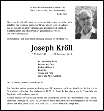 Anzeige von Joseph Kröll von Kölner Stadt-Anzeiger / Kölnische Rundschau / Express