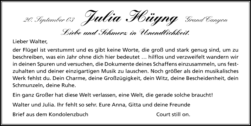  Traueranzeige für Julia Hüyng vom 14.09.2019 aus Kölner Stadt-Anzeiger / Kölnische Rundschau / Express