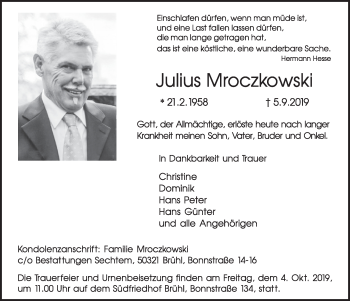 Anzeige von Julius Mroczkowski von  Schlossbote/Werbekurier 