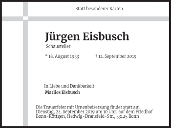 Anzeige von Jürgen Eisbusch von Kölner Stadt-Anzeiger / Kölnische Rundschau / Express