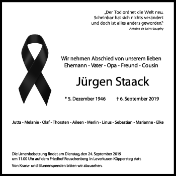 Anzeige von Jürgen Staack von Kölner Stadt-Anzeiger / Kölnische Rundschau / Express