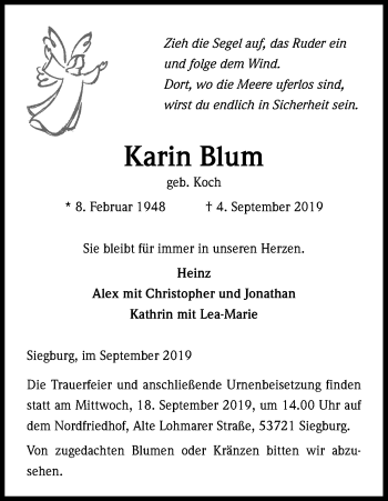 Anzeige von Karin Blum von Kölner Stadt-Anzeiger / Kölnische Rundschau / Express