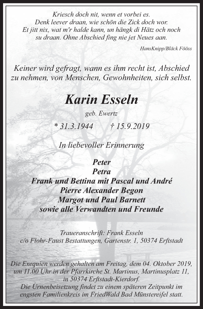  Traueranzeige für Karin Esseln vom 25.09.2019 aus  Werbepost 