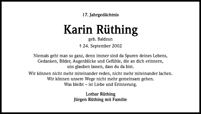  Traueranzeige für Karin Rüthing vom 24.09.2019 aus Kölner Stadt-Anzeiger / Kölnische Rundschau / Express