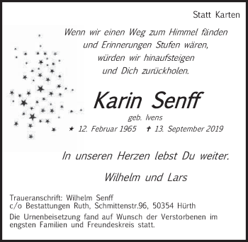Anzeige von Karin Senff von  Wochenende 