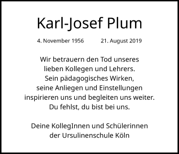 Anzeige von Karl-Josef Plum von Kölner Stadt-Anzeiger / Kölnische Rundschau / Express