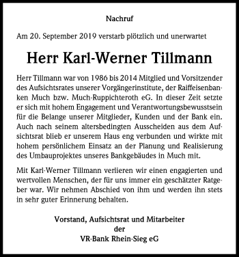 Anzeige von Karl-Werner Tillmann von Kölner Stadt-Anzeiger / Kölnische Rundschau / Express