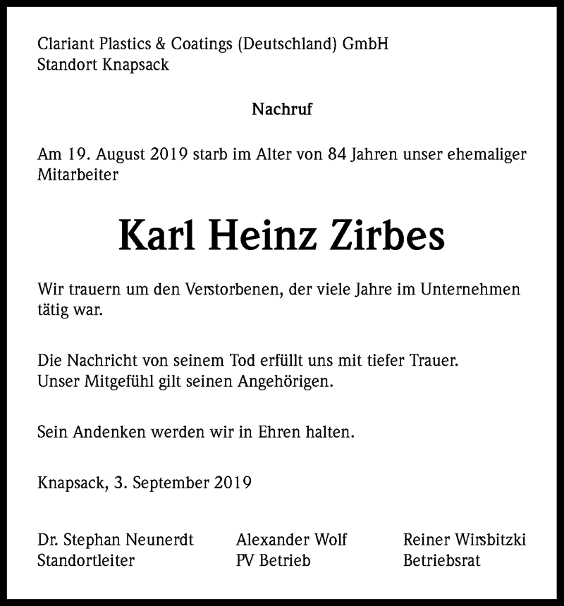 Traueranzeige für Karl Heinz Zirbes vom 07.09.2019 aus Kölner Stadt-Anzeiger / Kölnische Rundschau / Express