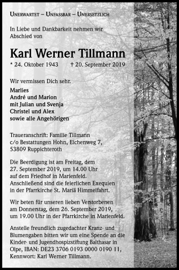 Anzeige von Karl Werner Tillmann von Kölner Stadt-Anzeiger / Kölnische Rundschau / Express