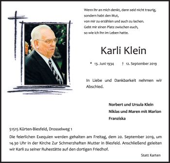 Anzeige von Karli Klein von Kölner Stadt-Anzeiger / Kölnische Rundschau / Express
