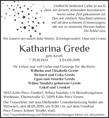 Anzeige von Katharina Grede von  Kölner Wochenspiegel 