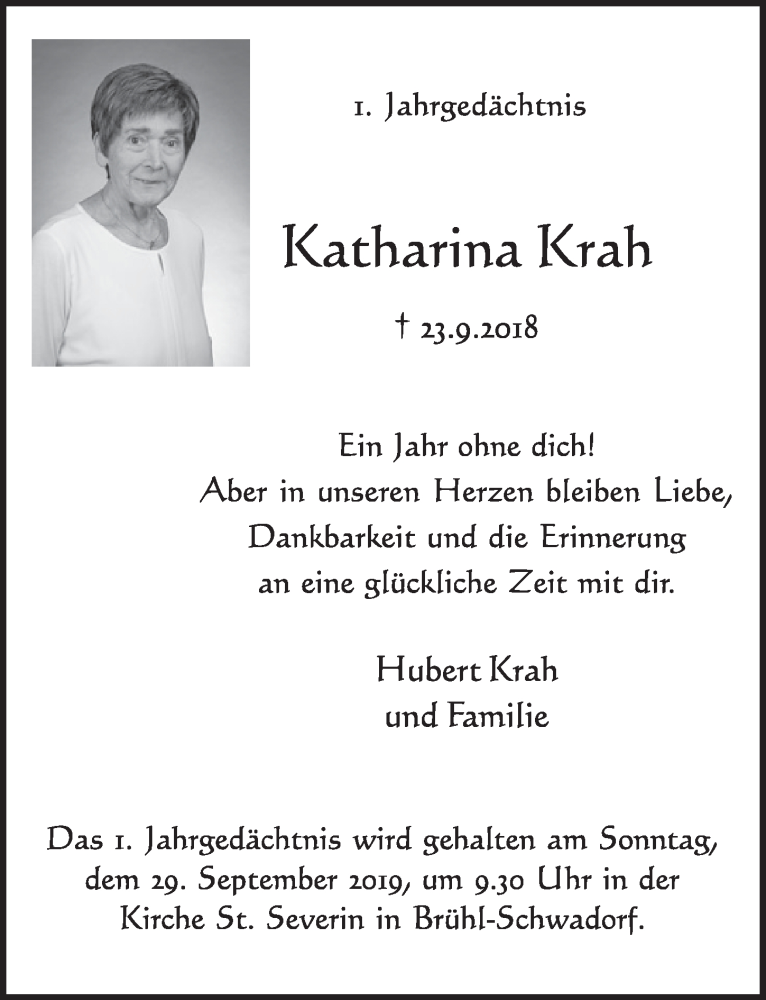  Traueranzeige für Katharina Krah vom 25.09.2019 aus  Schlossbote/Werbekurier 