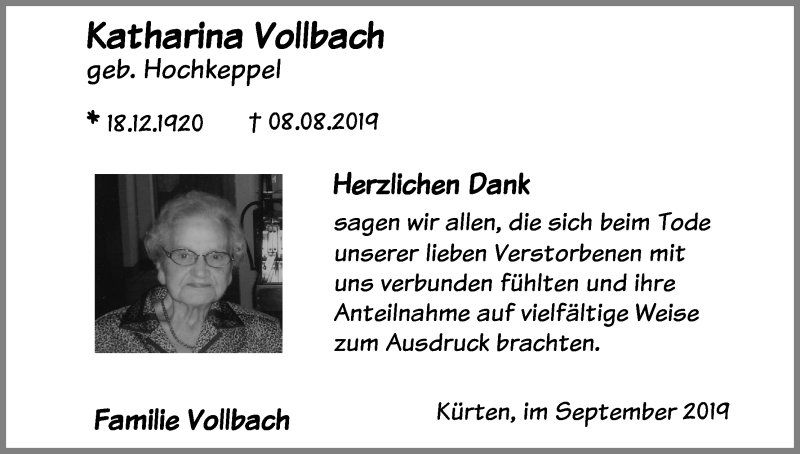  Traueranzeige für Katharina Vollbach vom 28.09.2019 aus Kölner Stadt-Anzeiger / Kölnische Rundschau / Express