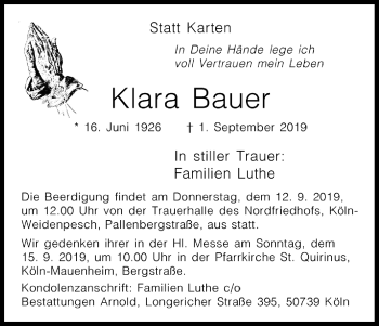 Anzeige von Klara Bauer von Kölner Stadt-Anzeiger / Kölnische Rundschau / Express