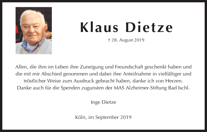  Traueranzeige für Klaus Dietze vom 28.09.2019 aus Kölner Stadt-Anzeiger / Kölnische Rundschau / Express