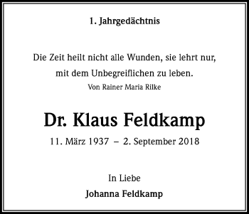 Anzeige von Klaus Feldkamp von Kölner Stadt-Anzeiger / Kölnische Rundschau / Express
