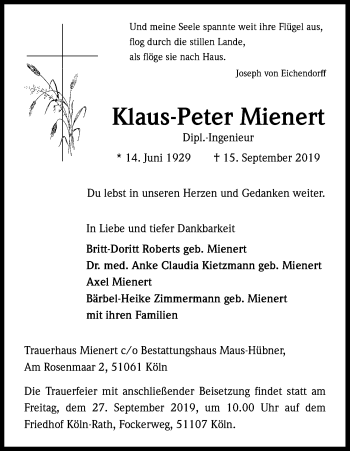 Anzeige von Klaus-Peter Mienert von Kölner Stadt-Anzeiger / Kölnische Rundschau / Express