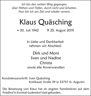 Anzeige von Klaus Quäsching von  Schaufenster/Blickpunkt 