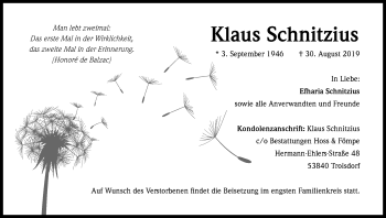 Anzeige von Klaus Schnitzius von Kölner Stadt-Anzeiger / Kölnische Rundschau / Express