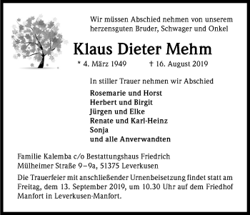 Anzeige von Klaus Dieter Mehm von Kölner Stadt-Anzeiger / Kölnische Rundschau / Express