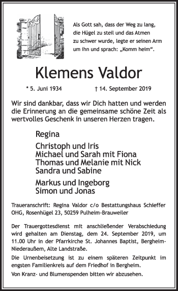 Anzeige von Klemens Valdor von  Sonntags-Post 
