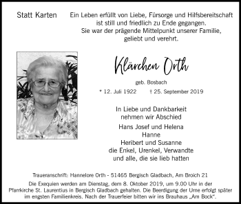 Anzeige von Klärchen Orth von Kölner Stadt-Anzeiger / Kölnische Rundschau / Express