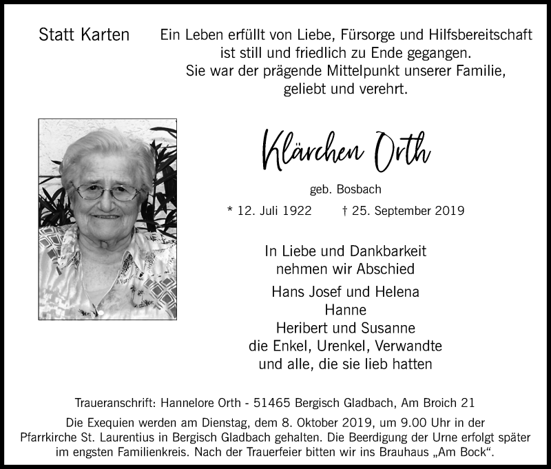  Traueranzeige für Klärchen Orth vom 28.09.2019 aus Kölner Stadt-Anzeiger / Kölnische Rundschau / Express