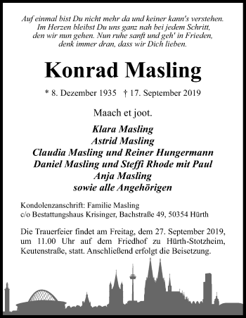 Anzeige von Konrad Masling von Kölner Stadt-Anzeiger / Kölnische Rundschau / Express