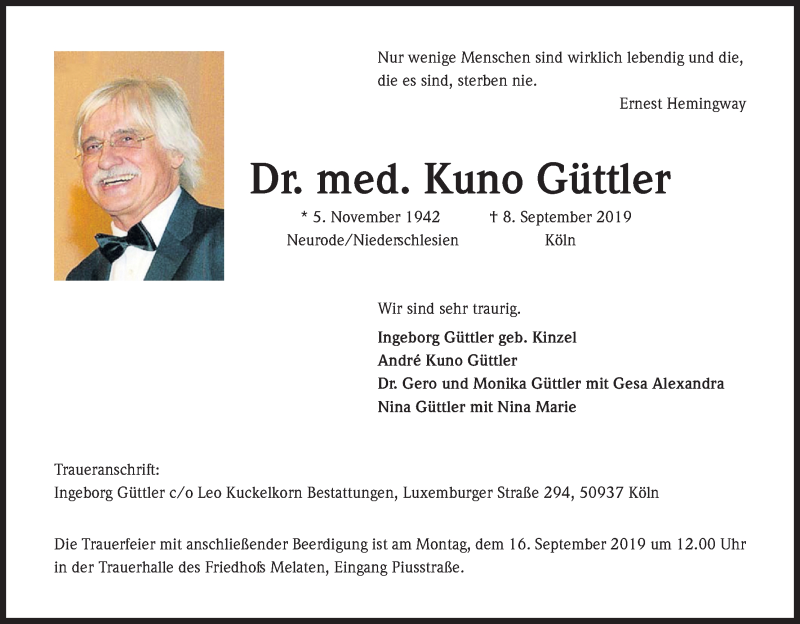 Traueranzeige für Kuno Güttler vom 11.09.2019 aus Kölner Stadt-Anzeiger / Kölnische Rundschau / Express