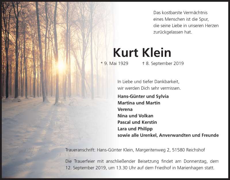  Traueranzeige für Kurt Klein vom 10.09.2019 aus Kölner Stadt-Anzeiger / Kölnische Rundschau / Express
