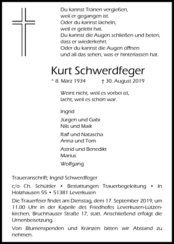 Anzeige von Kurt Schwerdfeger von Kölner Stadt-Anzeiger / Kölnische Rundschau / Express