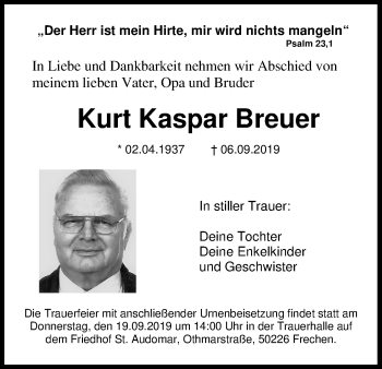 Anzeige von Kurt Kaspar Breuer von Kölner Stadt-Anzeiger / Kölnische Rundschau / Express