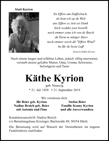 Anzeige von Käthe Kyrion von Kölner Stadt-Anzeiger / Kölnische Rundschau / Express