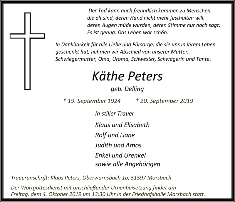  Traueranzeige für Käthe Peters vom 25.09.2019 aus  Lokalanzeiger 