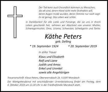 Anzeige von Käthe Peters von Kölner Stadt-Anzeiger / Kölnische Rundschau / Express