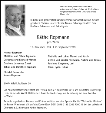 Anzeige von Käthe Repmann von Kölner Stadt-Anzeiger / Kölnische Rundschau / Express