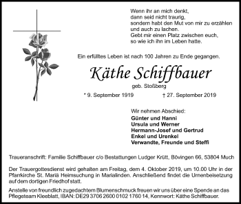 Anzeige von Käthe Schiffbauer von Kölner Stadt-Anzeiger / Kölnische Rundschau / Express