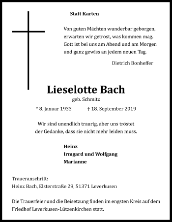 Anzeige von Lieselotte Bach von Kölner Stadt-Anzeiger / Kölnische Rundschau / Express