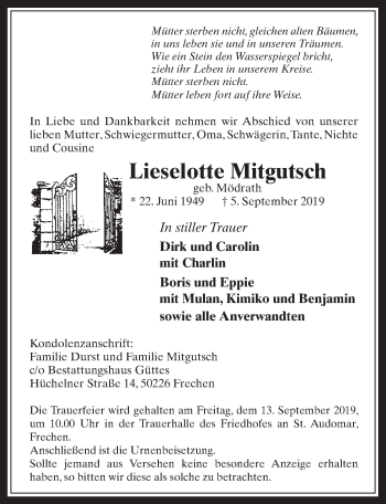Anzeige von Lieselotte Mitgutsch von  Wochenende 