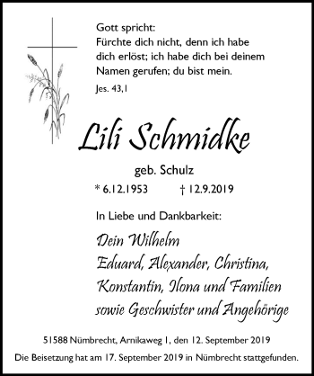 Anzeige von Lili Schmidke von  Lokalanzeiger 