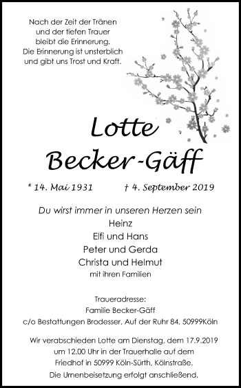 Anzeige von Lotte Becker-Gäff von Kölner Stadt-Anzeiger / Kölnische Rundschau / Express