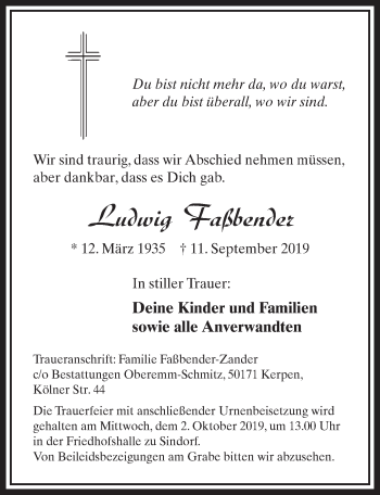 Anzeige von Ludwig Faßbender von  Sonntags-Post 