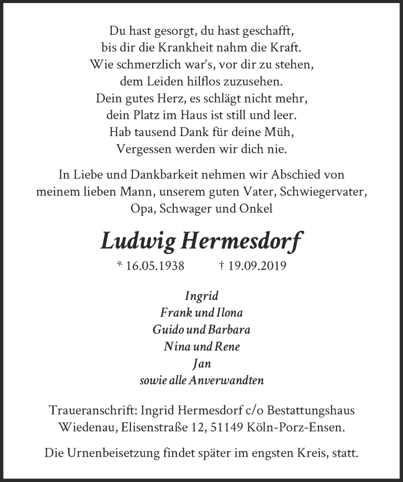  Traueranzeige für Ludwig Hermesdorf vom 25.09.2019 aus  Kölner Wochenspiegel 