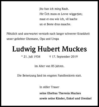 Anzeige von Ludwig Hubert Muckes von Kölner Stadt-Anzeiger / Kölnische Rundschau / Express